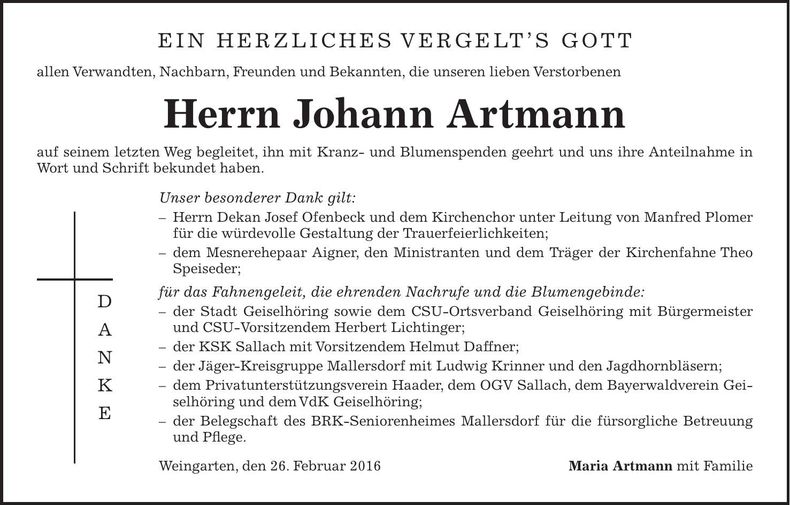 Traueranzeige Johann Artmann