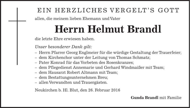 Traueranzeige Helmut Brandl