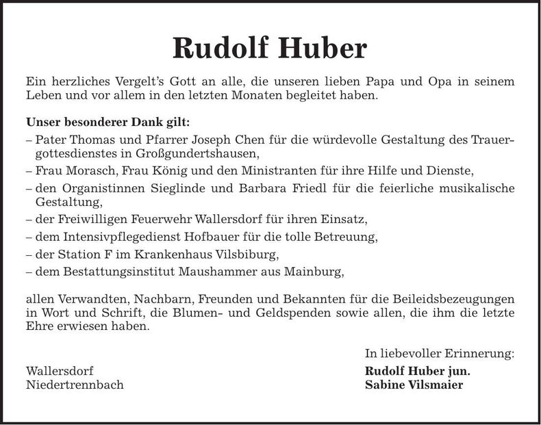 Traueranzeige Rudolf Huber