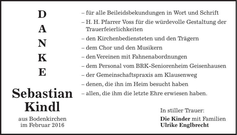 Traueranzeige Sebastian Kindl