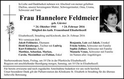 Traueranzeige Hannelore Feldmeier
