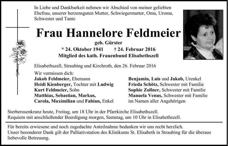 Traueranzeige Hannelore Feldmeier