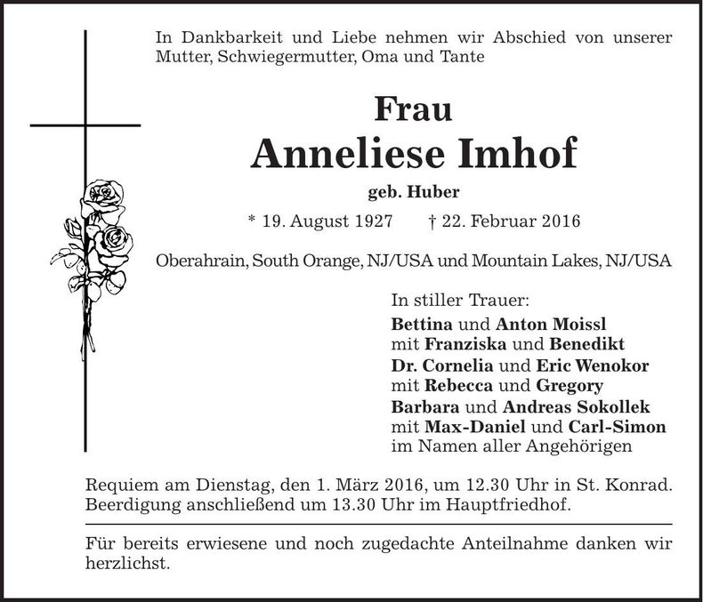 Traueranzeige Anneliese Imhof
