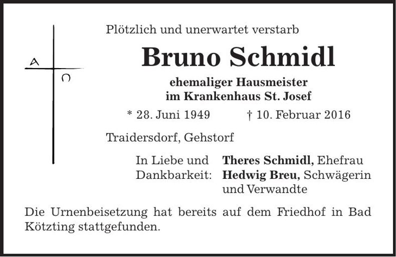 Traueranzeige Bruno Schmidl