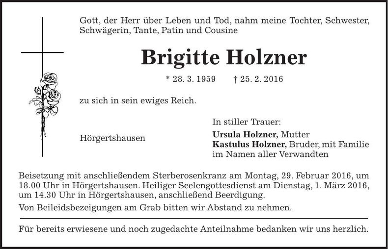 Traueranzeige Brigitte Holzner