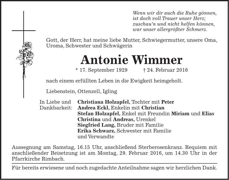 Traueranzeige Antonie Wimmer