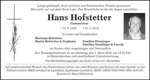 Traueranzeige Hans Hofstetter