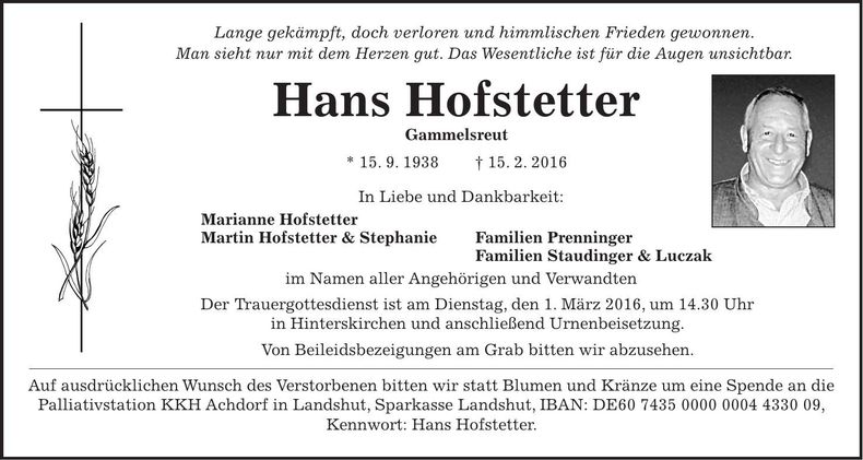 Traueranzeige Hans Hofstetter