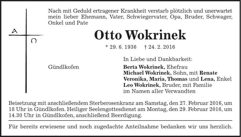 Traueranzeige Otto Wokrinek
