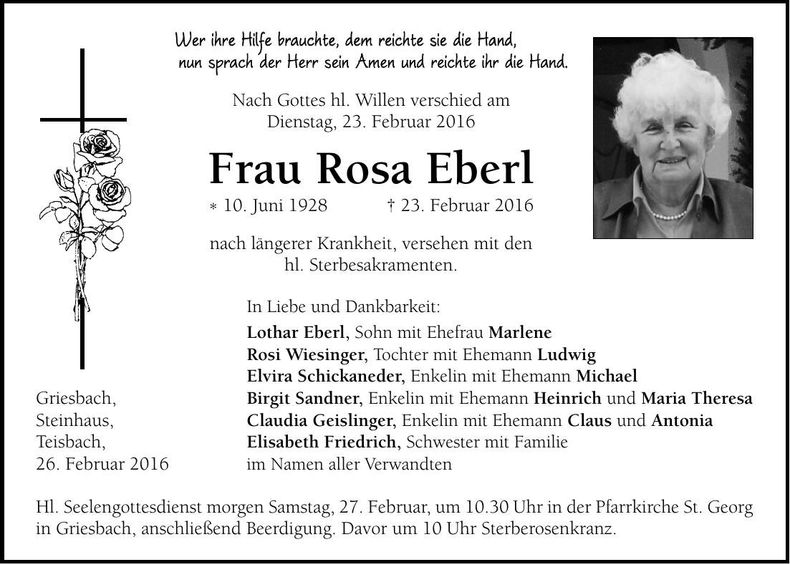 Traueranzeige Rosa Eberl
