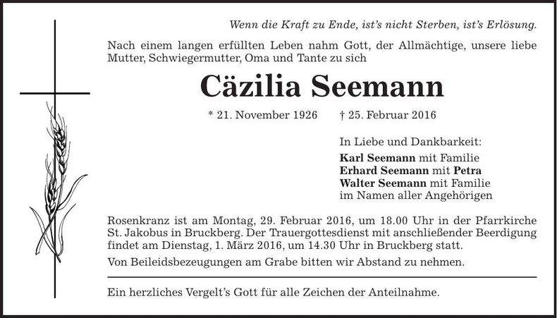 Traueranzeige Cäzilia Seemann