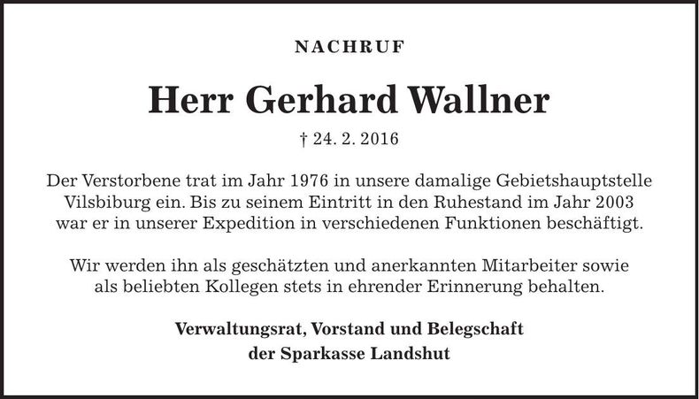 Traueranzeige Gerhard Wallner