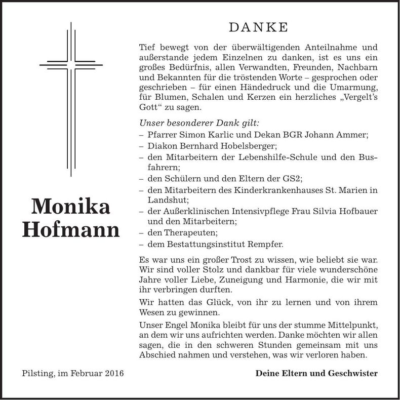 Traueranzeige Monika Hofmann