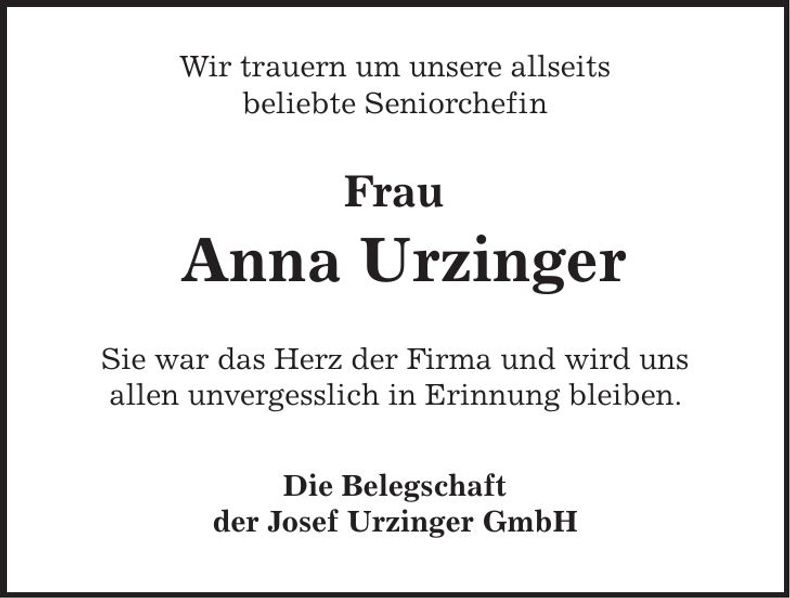 Traueranzeige Anna Urzinger