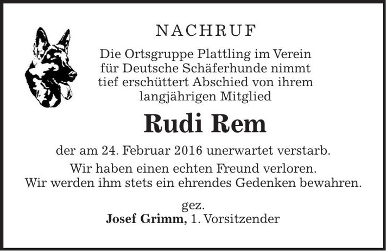 Traueranzeige Rudi Rem