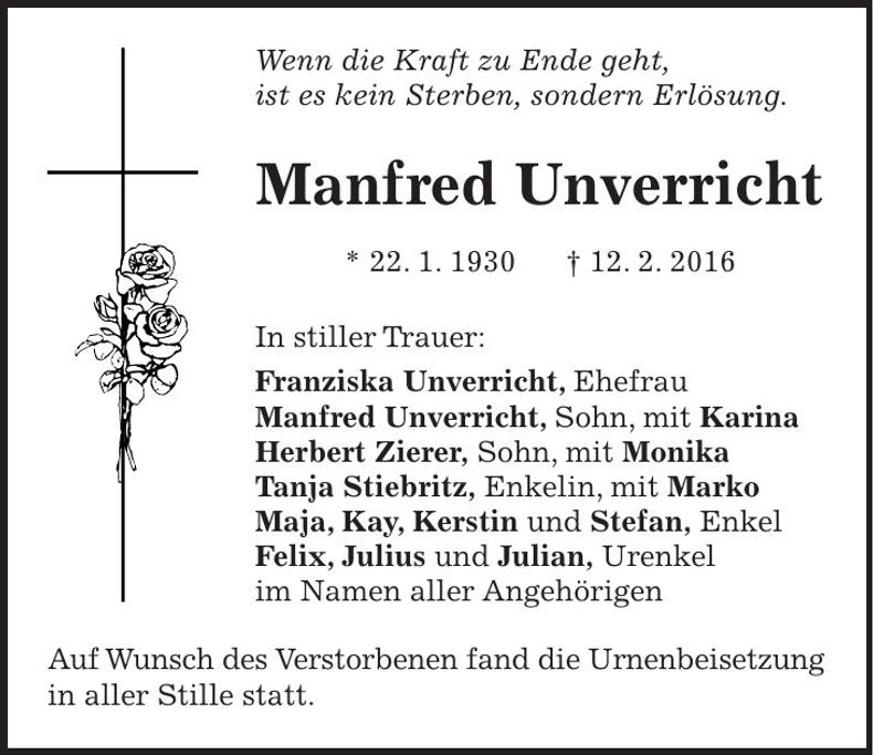 Traueranzeige Manfred Unverricht