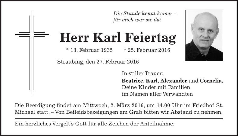 Traueranzeige Karl Feiertag
