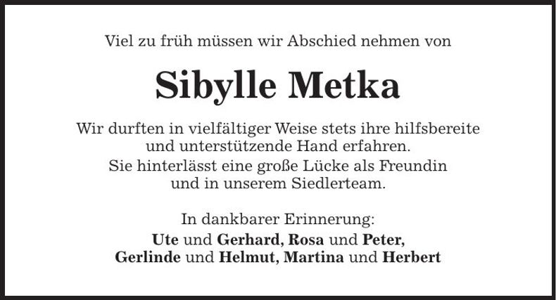 Traueranzeige Sibylle Metka