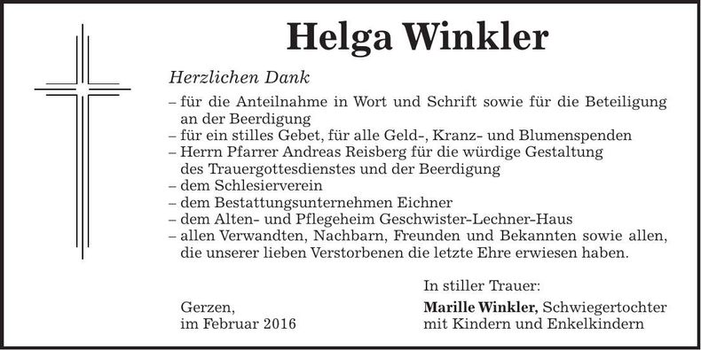 Traueranzeige Helga Winkler