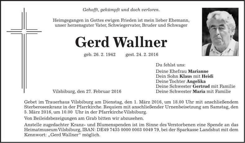 Traueranzeige Gerd Wallner