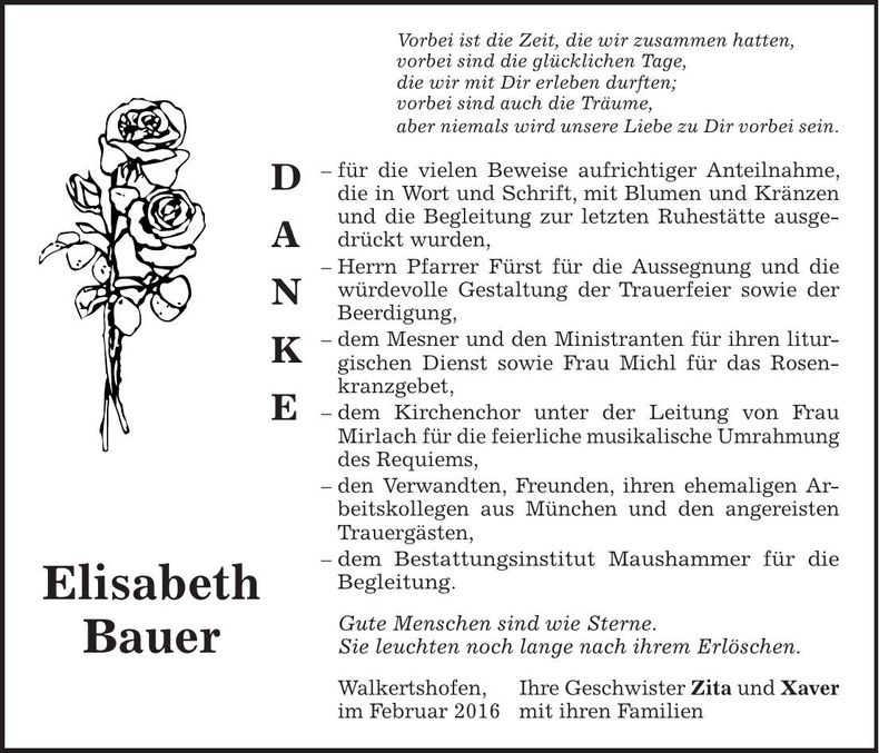 Traueranzeige Elisabeth Bauer