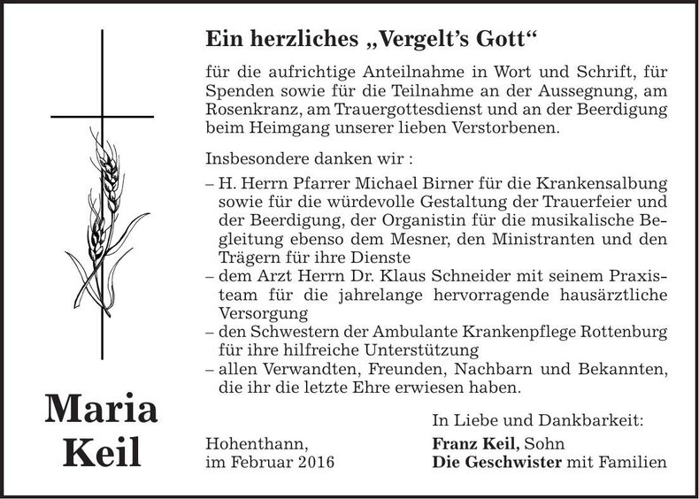 Traueranzeige Maria Keil