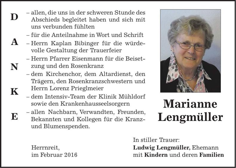 Traueranzeige Marianne Lengmüller