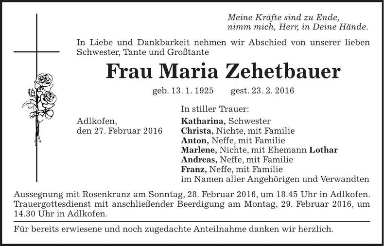 Traueranzeige Maria Zehetbauer