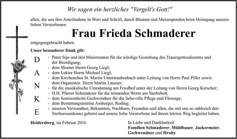 Traueranzeige Frieda Schmaderer