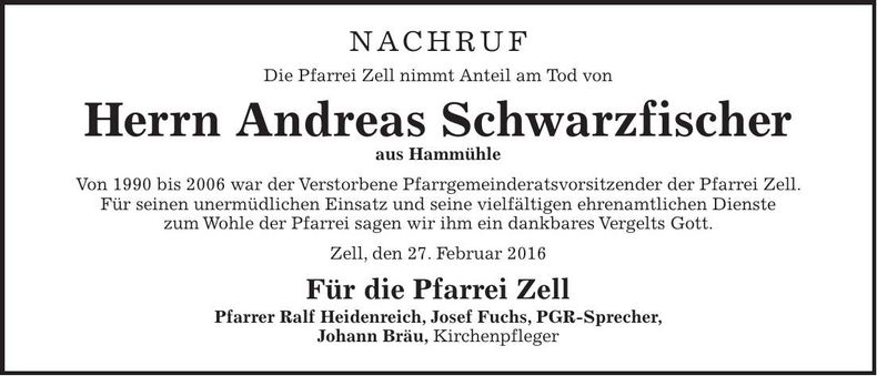Traueranzeige Andreas Schwarzfischer