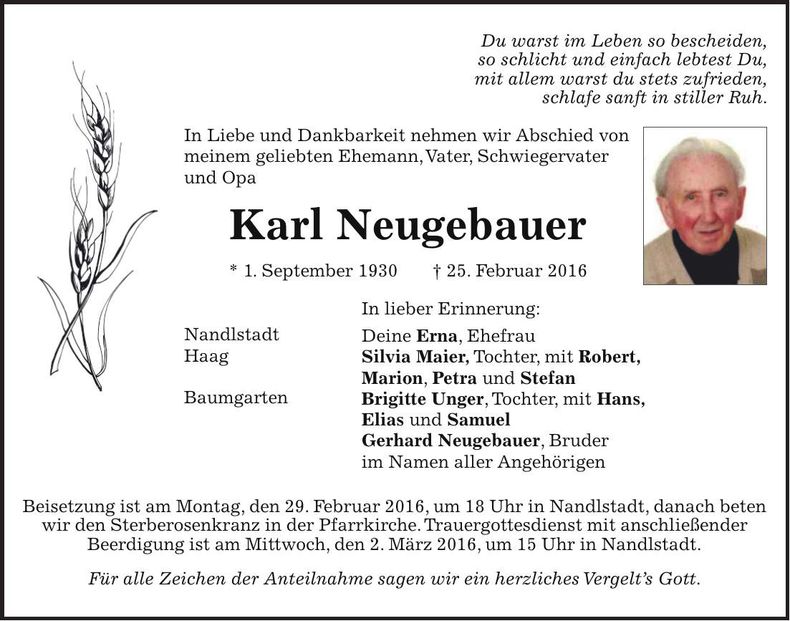 Traueranzeige Karl Neugebauer