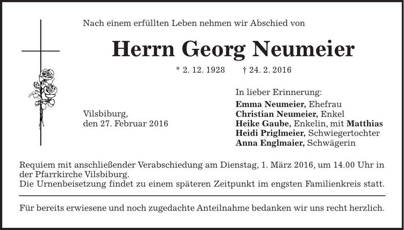 Traueranzeige Georg Neumeier
