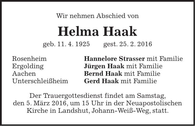 Traueranzeige Helma Haak