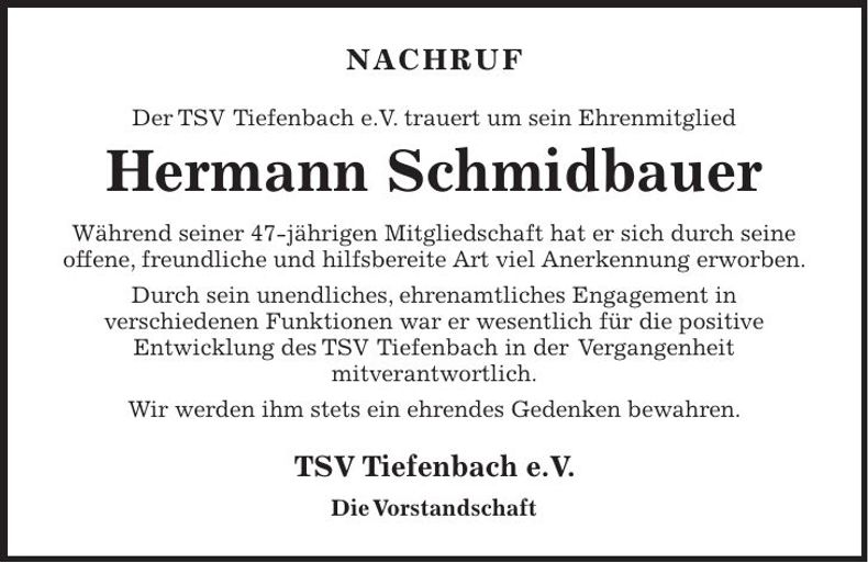 Traueranzeige Hermann Schmidbauer
