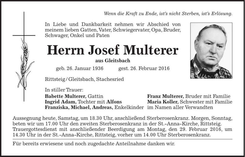 Traueranzeige Josef Multerer