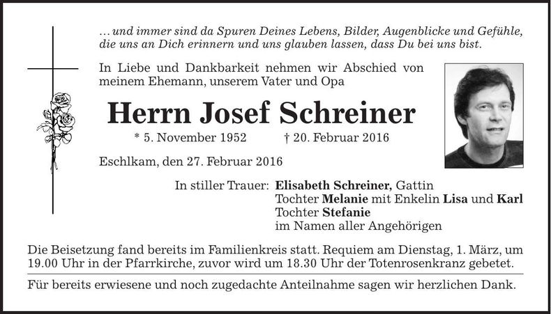 Traueranzeige Josef Schreiner