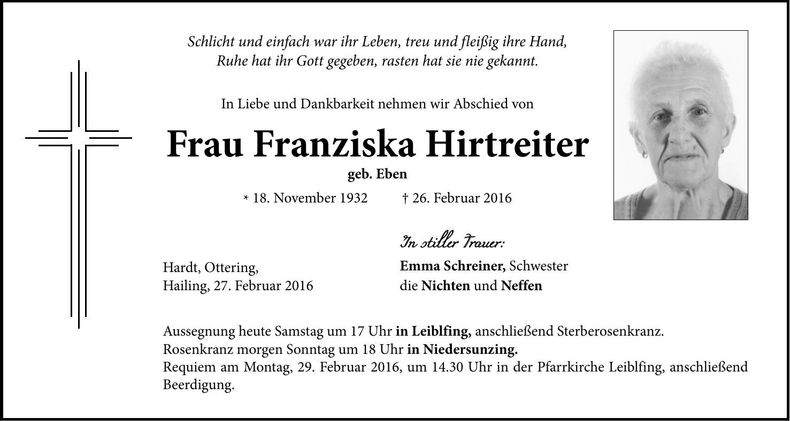 Traueranzeige Franziskas Hirtreiter