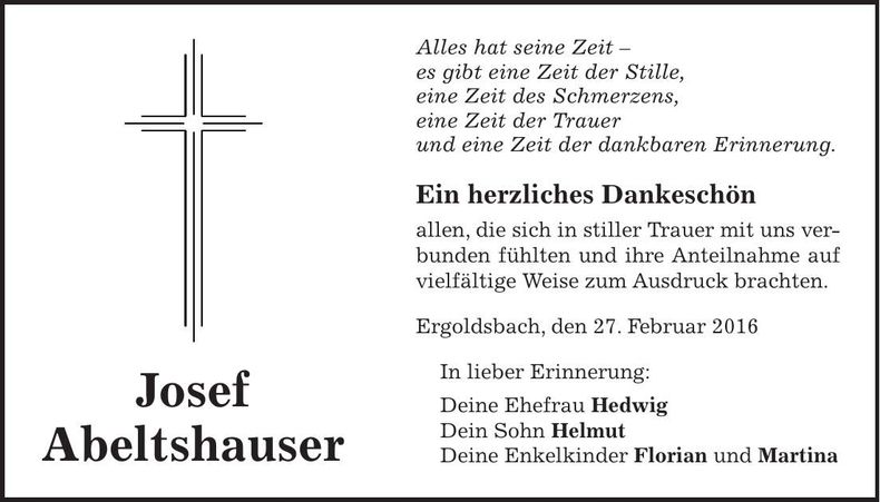 Traueranzeige Josef Abeltshauser