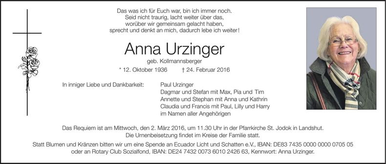 Traueranzeige Anna Urzinger