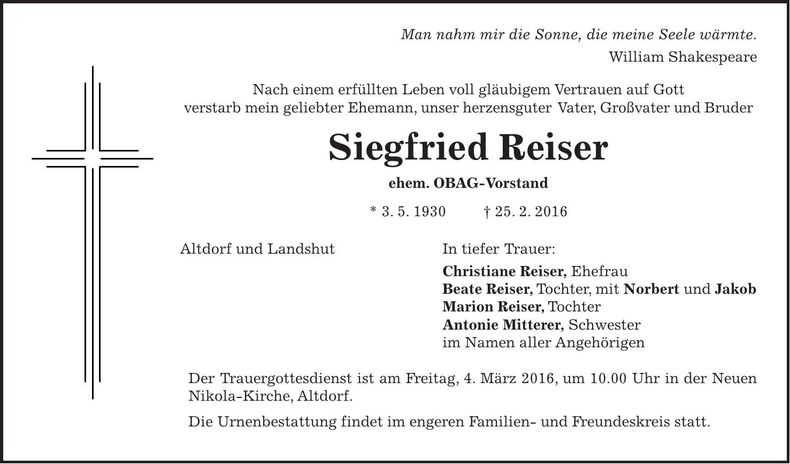 Traueranzeige Siegfried Reiser