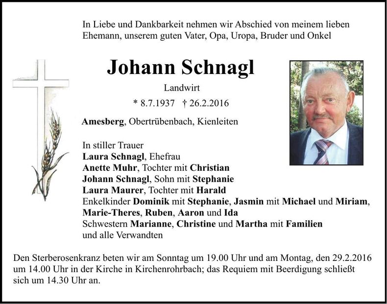 Traueranzeige Johann Schnagl