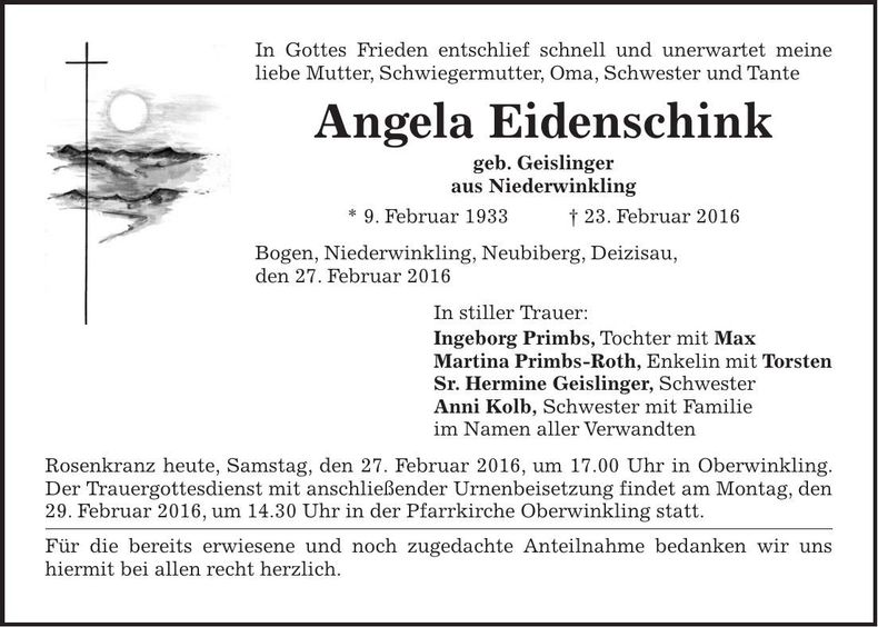 Traueranzeige Angela Eidenschink