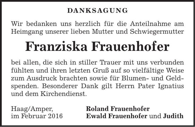 Traueranzeige Franziska Frauenhofer
