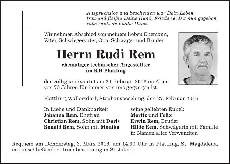 Traueranzeige Rudi Rem