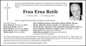 Traueranzeige Erna Reith