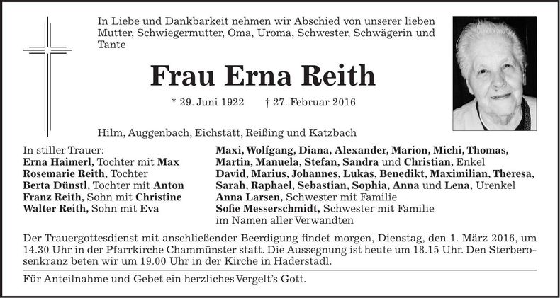 Traueranzeige Erna Reith