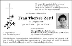 Traueranzeige Therese Zettl