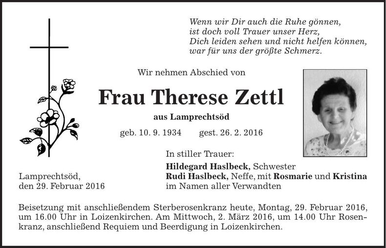 Traueranzeige Therese Zettl