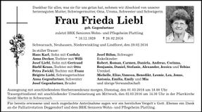 Traueranzeige Frieda Liebl