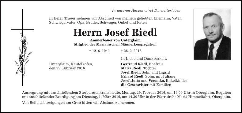 Traueranzeige Josef Riedl